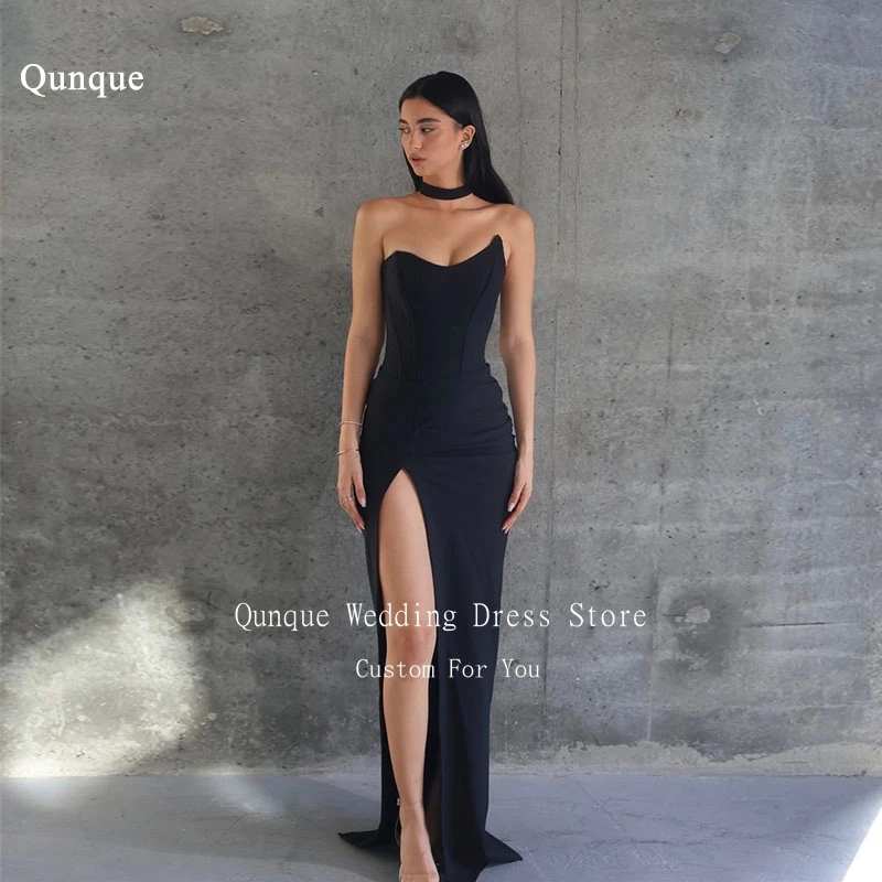 

Qunque Strapless Mermaid Prom Dresses Women Long Evening Gowns Sexy Side Split Satin Pleats Formal Black Event Dress Customized