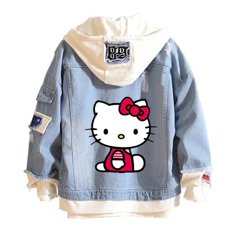 Anime Sanrio Denim Bomber Jacket Hello Kitty Cappuccio Felpa Unisex Strappato Buco Cosplay Felpa Con Cappuccio Giacca Di Jeans