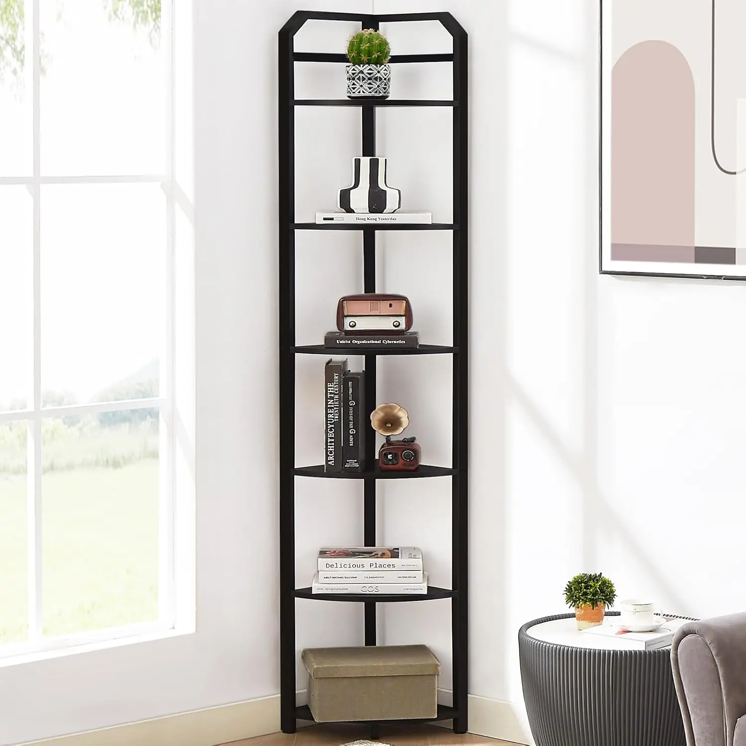 

Corner Shelf, 6-Tier Industrial Bookshelf, Freestanding Stand with Metal Frame, Tall Corner Plant for Small Space