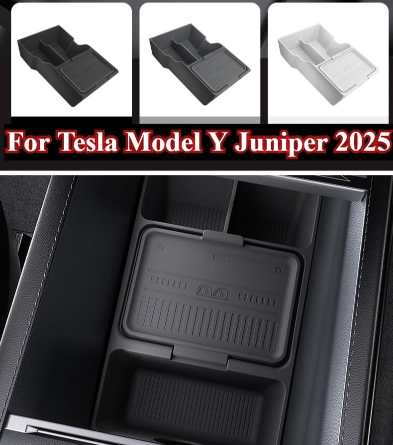 

For Tesla Model Y Juniper 2025 Car Center Console Storage Box Armrest Storage Box Hidden Organizer Tray Non-slip Mat Accessories