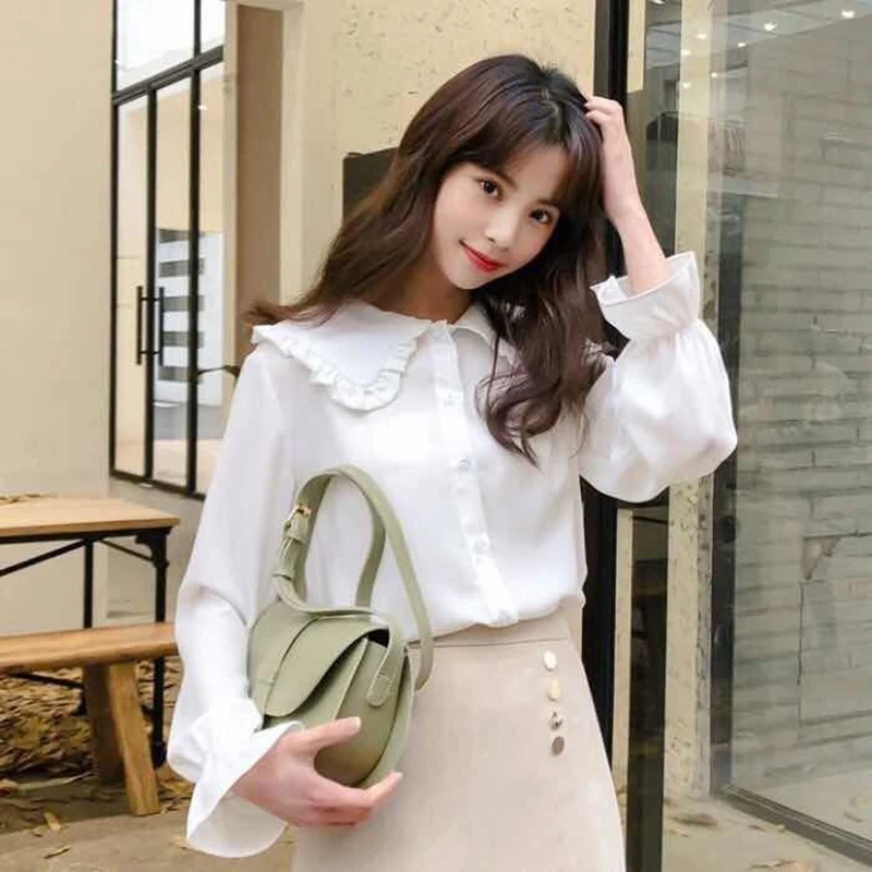 Blus lengan panjang Ruffles wanita, baju atasan kantor pakaian jalanan Vintage musim semi musim gugur, blus lengan panjang simpel kasual Korea elegan