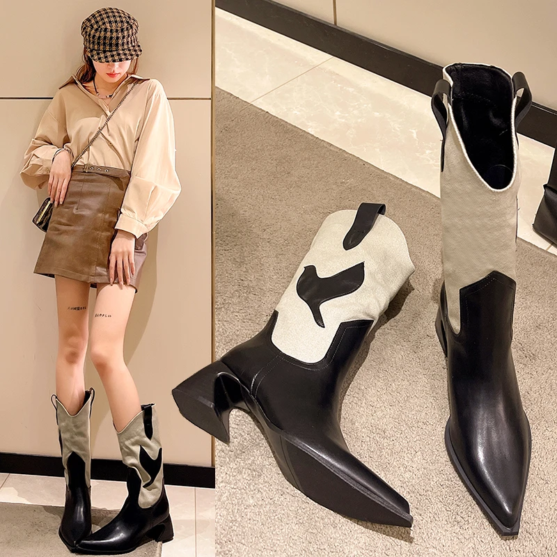 

New Style Women's Retro Pointed Toe Totem Cowboy Boot Strange Heel Mixed Color Thick Sole Autumn Winter Women Boot Western Style