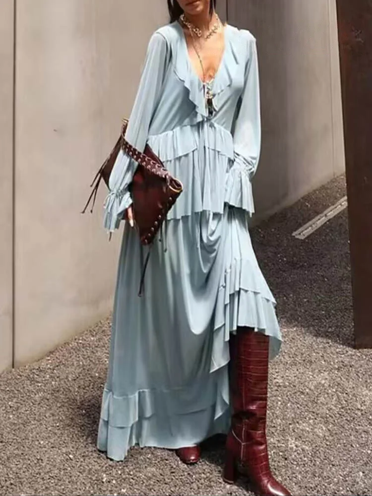 

HH Female Suits Solid V-Neck Long Sleeves Bow Lace-Up Decoration Shirts+Elastic Waist Long Skirt Women Summer Skirt Sets