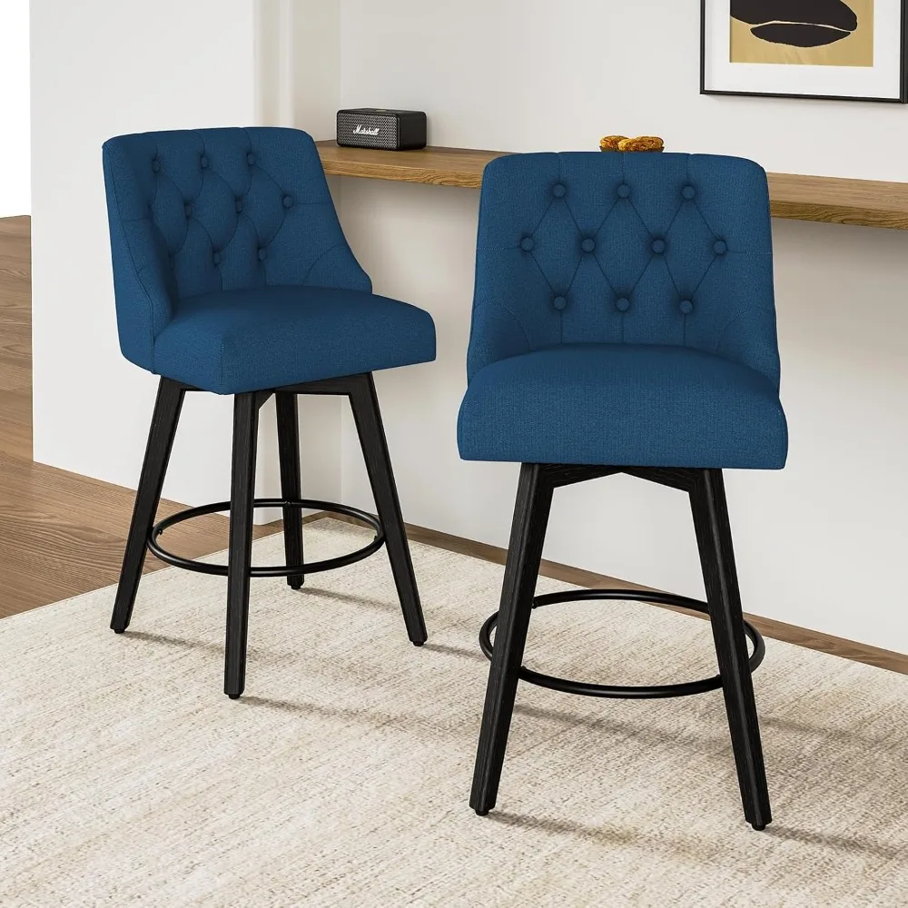 Counter height swivel bar stool with backrest, counter stool set of 2 with footrests, upholstered bar stool with solid wood legs