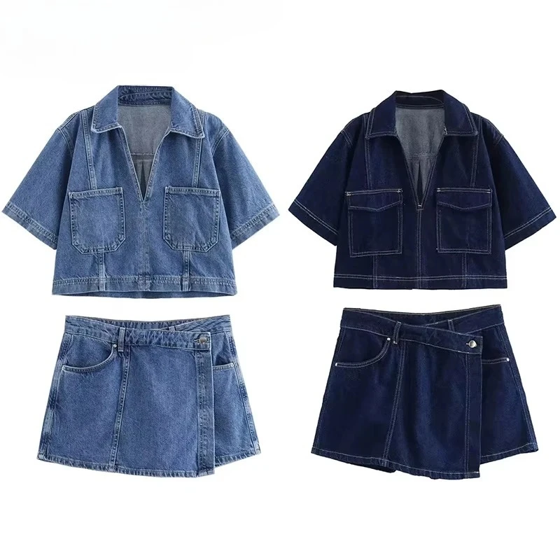 

2026 Blue Denim Shirt Woman Short Sleeve Cropped Shirt Women Summer Short Tops Woman Streetwear Y2k Stylish Women's Blouses