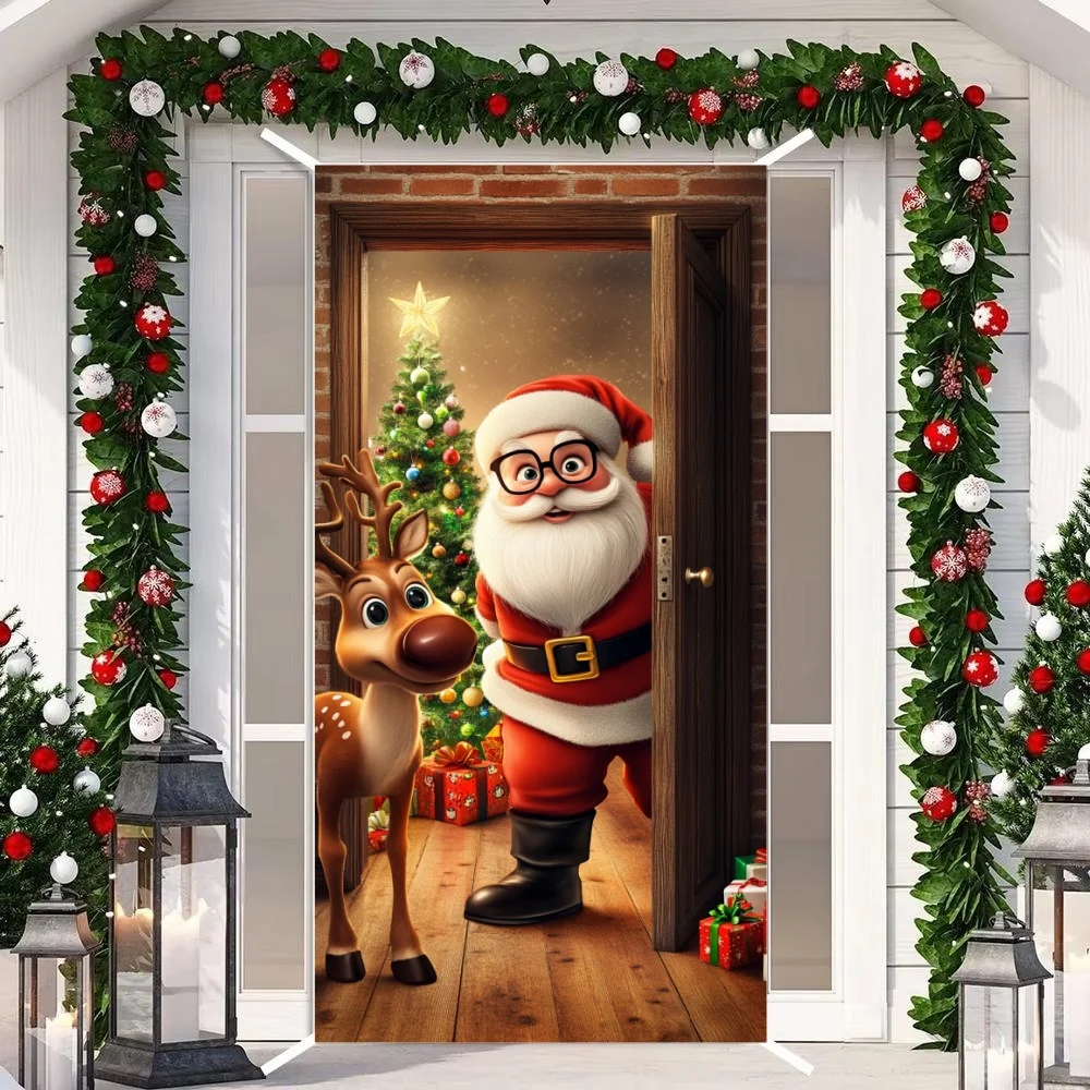 Christmas Door Cover Decoration Santa Claus Elk Open Door Welcome Christmas Background Indoor Outdoor Porch Banner Party