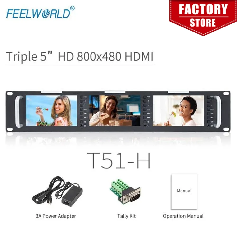 

Feelworld T51-H Triple 5 inch 2RU Leightweight HDMI Broadcast Monitor LCD TFT 800x400 HDMI AV Rack Mount Monitor for Broadcastin