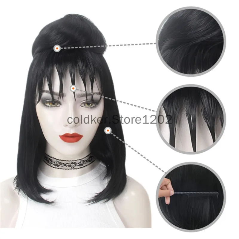 Lydia Zwarte Cosplay Pruik Met Broodje Rode Sluier Gotische Bruid Cosplay Pruiken Voor Kostuums Halloween Kostuum Pruiken Voor Vrouwen