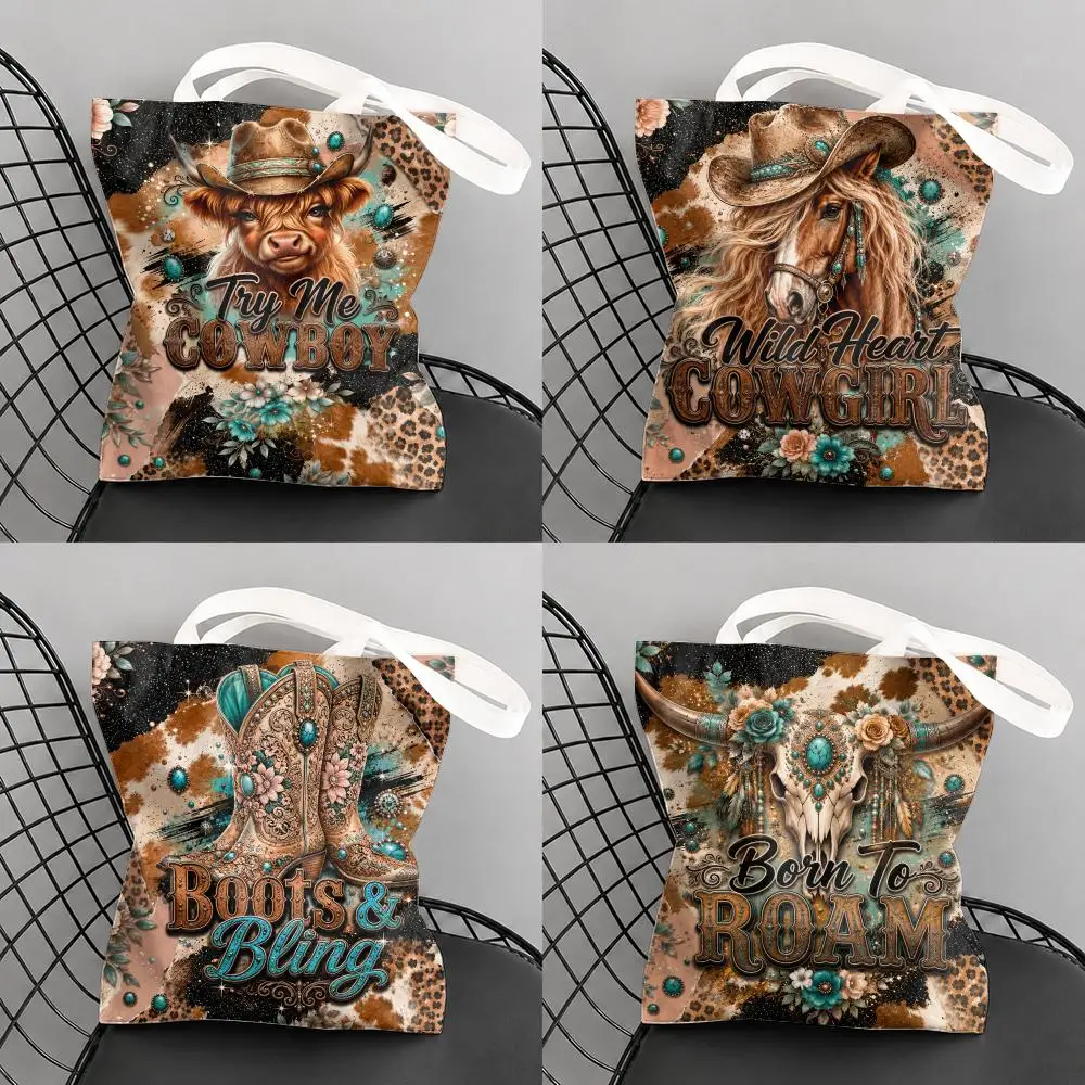 Western Cowboy Cowgirl Art Storage Bags Large Capacity Canvas Tote Bag Double-Sided Print Shoulder Handbag for Daily Shopping