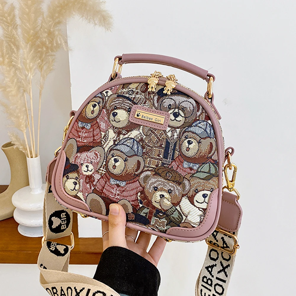 Lady Messenger Bag Trend Crossbody Bag For Girl Women's Shoulder Bag Circular 2023 Fashion Bear Jacquard Pattern round Handbag