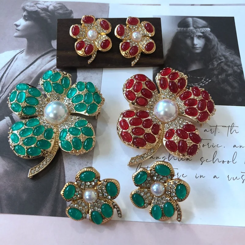 Flower Jewelry Vintage Brooches Rhinestone Pins Green Red Plant Delicate Accessories