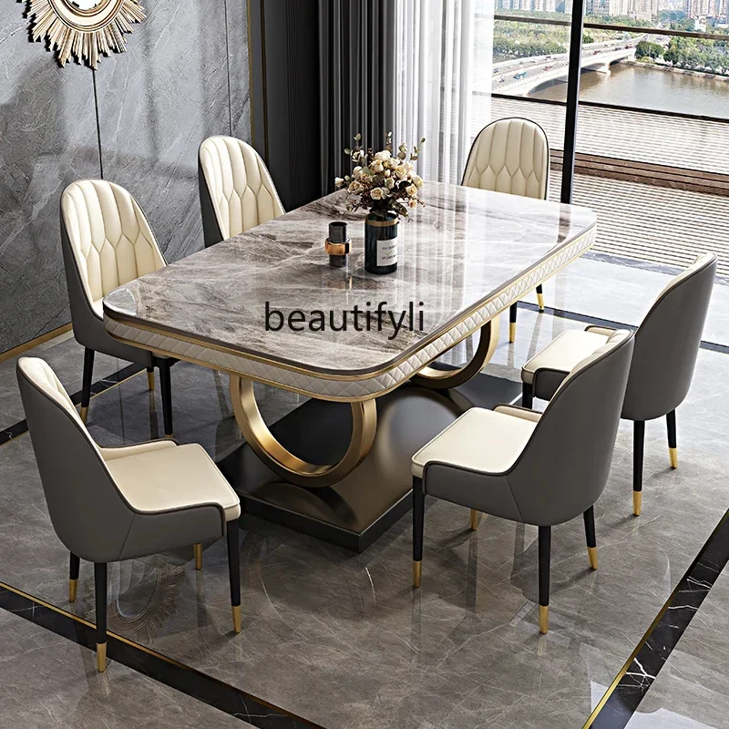

Горячие продажи: Обеденный стол и стулья в итальянском стиле, легкий люкс, минимализм, прямоугольный, современный, простой, из мраморной плиты.