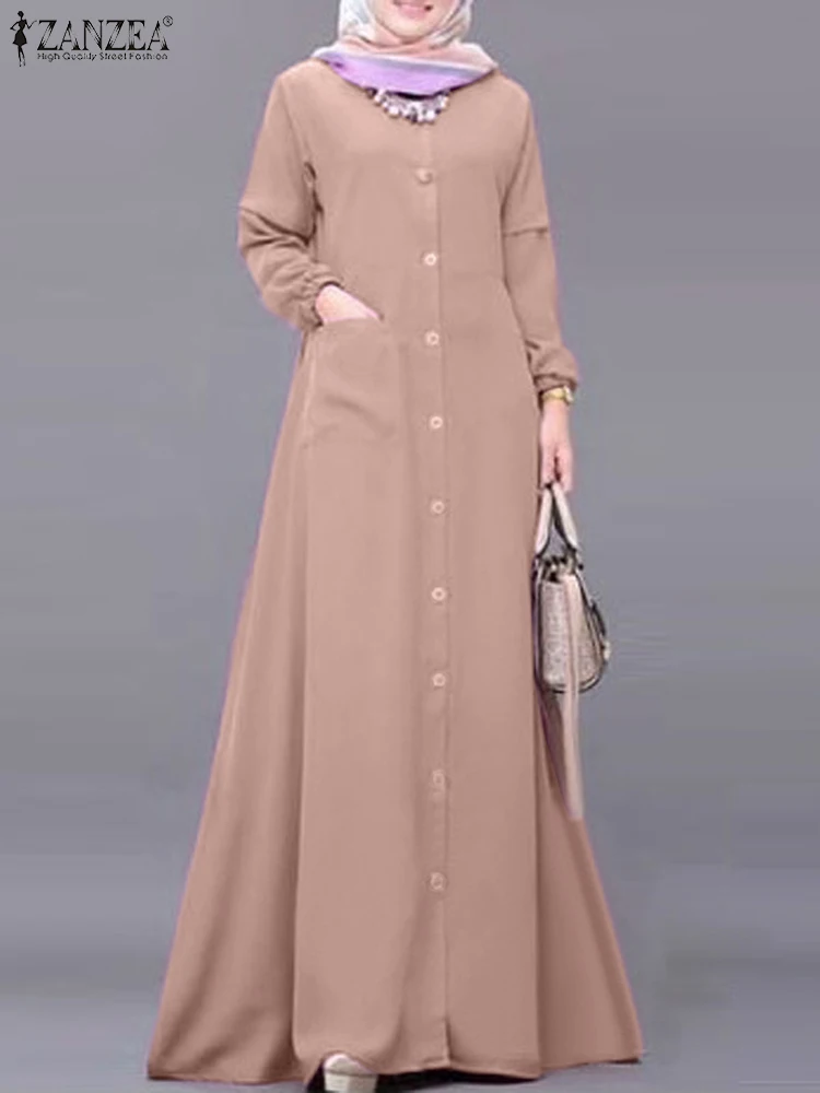 

ZANZEA Fashion Women Long Sleeve Muslim Abaya Dress Spring Casual Loose Maxi Vestido Vintage Dubai Turkey Sundress Islamic Cloth