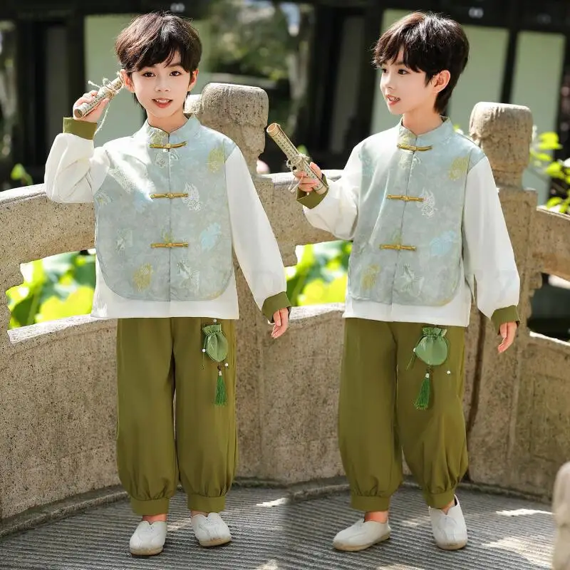 

New Chinese Style Boy Green Vest Frog Button Stand Collar 2Pcs Splice Long Sleeve Shirt &pants Musk Kid Outfit Style Tang Suit
