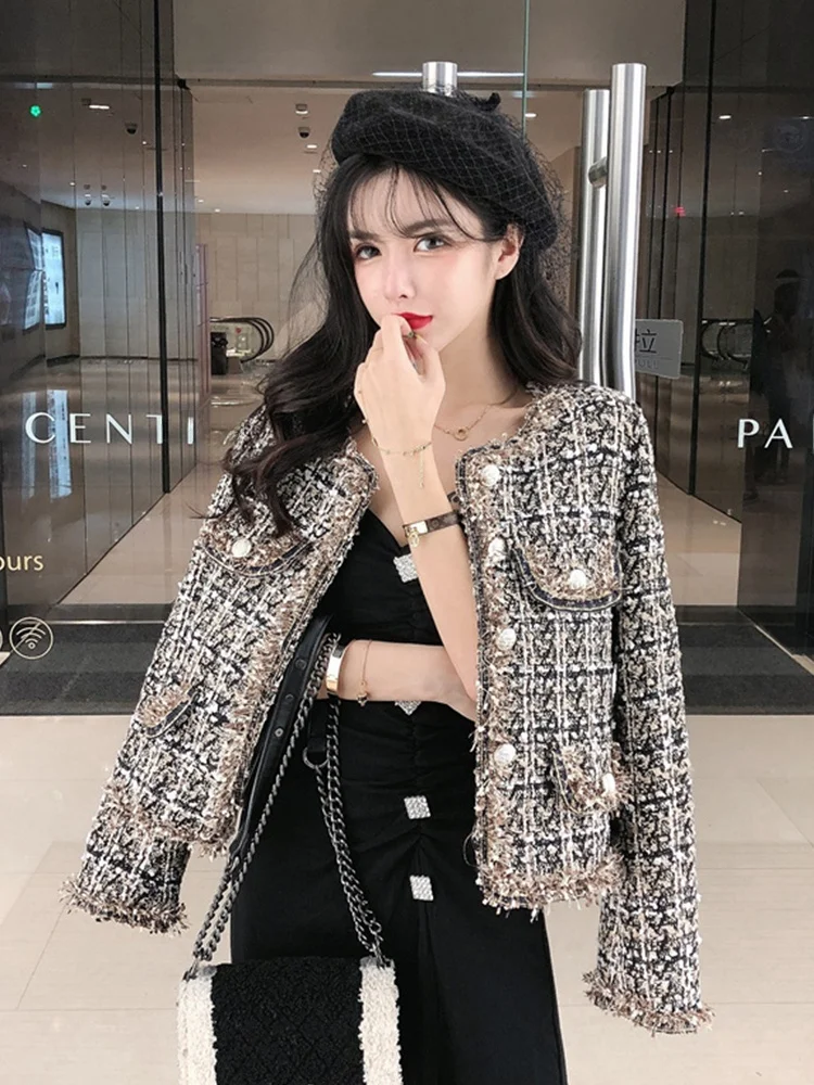 

Ele Красивое осеннее новое женское пальто с бахромой и рюшами, твидовое утягивающее эстетичное или верхняя одежда