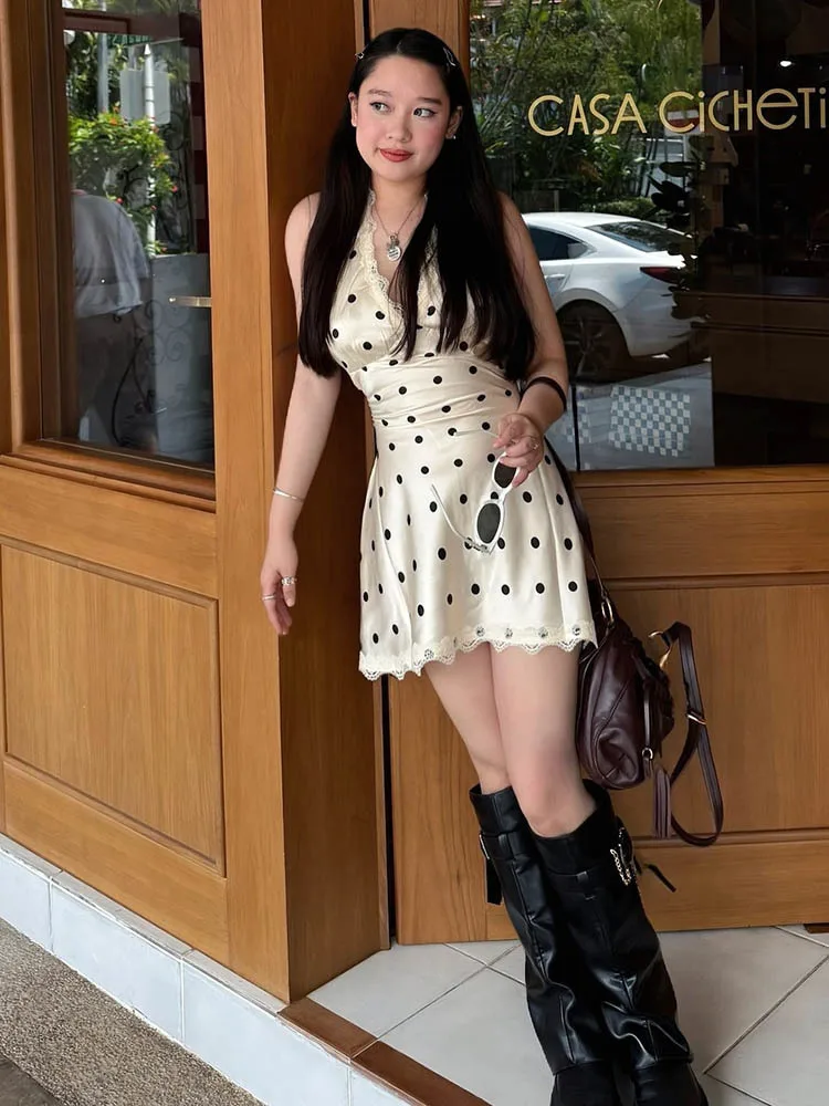 القطب الشمالي أنيقة الساتان البولكا نقطة Bodycon فستان المرأة مثير العميق الخامس الرقبة عارية الذراعين تنورة ضئيلة الصيف 2025 عطلة الشاطئ الشارع فستان