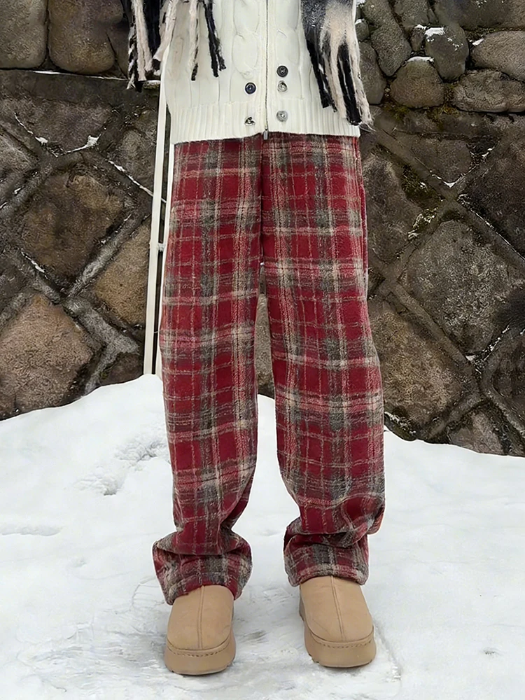

Red American Retro Woolen Plaid Pants Men's Autumn Winter Thickened Fleece Straight Leg Sweatpants Loose Wide Leg Heavy Pants