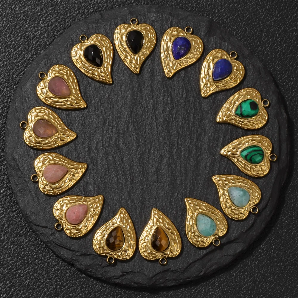 

5PCS Gold Color Heart Shape Charms Inlaid Natural Amethyst Rhodochrosite Malachite Stone Pendant For Retro Jewelry Making DIY