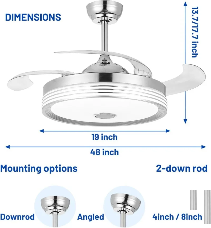 48 inch Modern Retractable Ceiling Fan with Lights and Remote Control, 6Speed Dimmable Fandelier, Smart Ceiling Fan Light with B