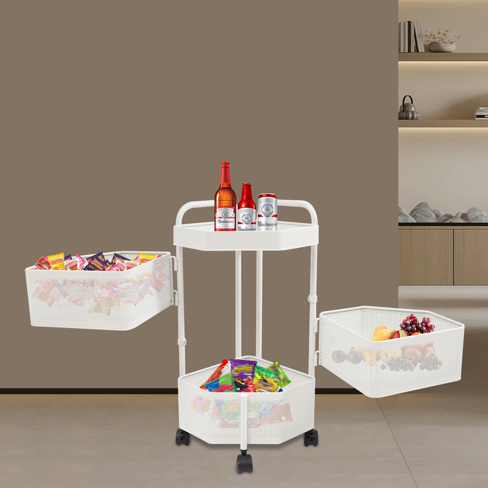 

Вращающаяся полка из белой углеродистой стали 10,62x10,62x24,6 дюйма, 3-ярусная, для хранения, для кухни и ванной, мобильная