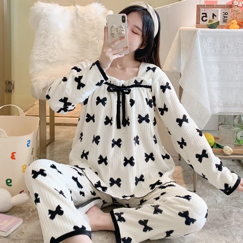 

Soft Coral Velvet Pajama Sets Women Elegant Thick Bow Straight Fluffy Fall Winter Nightwear Female Sweet Girls Square Collar Ins