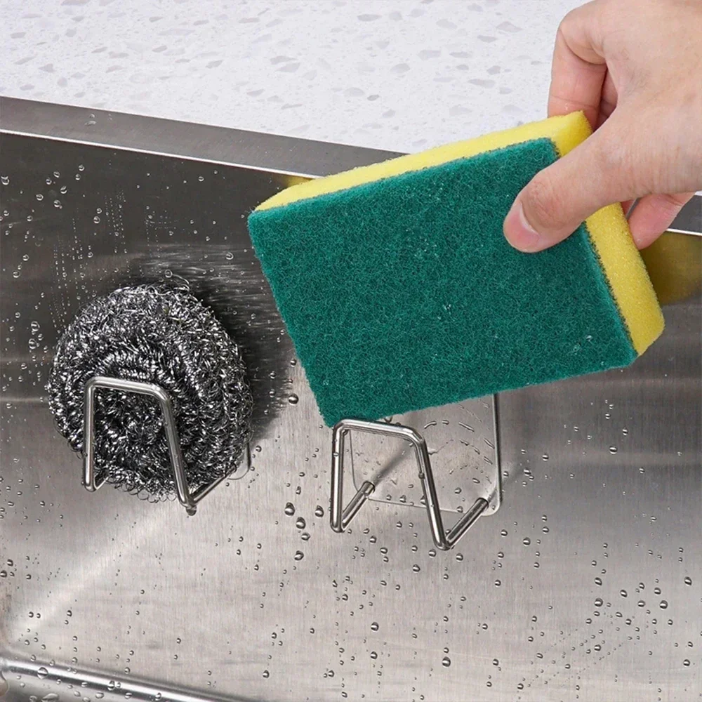 3Pcs Kitchen Sponges Holder Stainless Steel Sink Sponges Drain Drying Rack Self Adhesive Storage Holder Wall Hooks Organizer