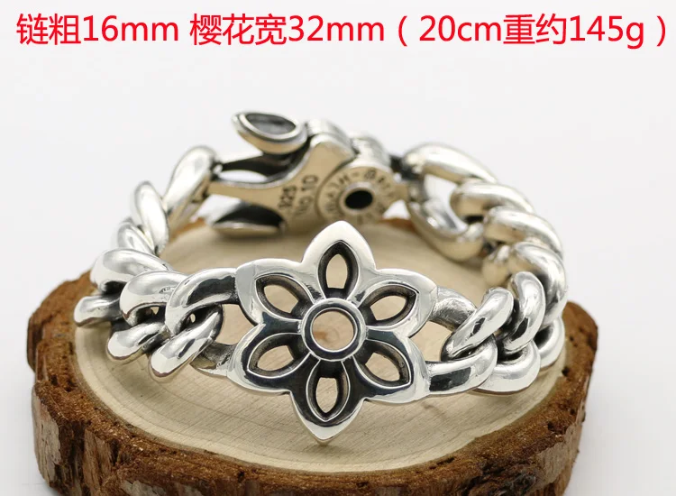 Japanese retro Thai silver cherry blossom men's rugged and domineering bracelet European and American motorcycle punk s925 sterl