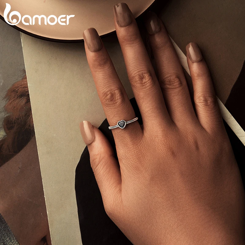 BAMOER Genuine 925 Sterling Silver Nightfall Heart Open Ring for Women Luxury Silver Finger Ring Fine Jewelry Engagement Gift