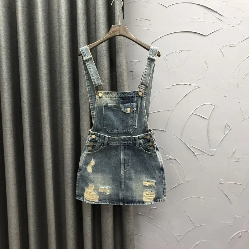 

Denim Suspender Skirt With Holes And Detachable Women'S Summer New Fashion American Retro A-Line One-Piece Skirt