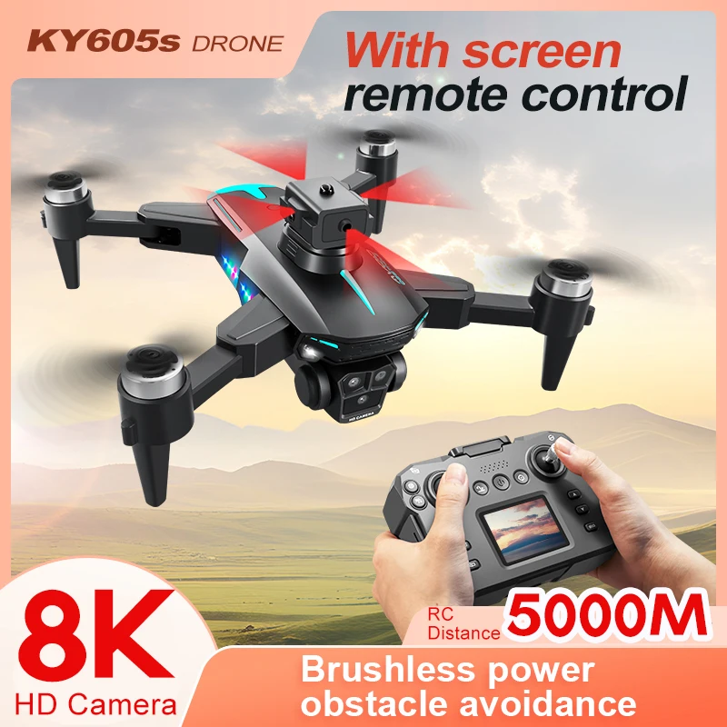 KY605 Upgradation Drone RC with screen 8K Three Camera Optical Flow Aerial Photography Brushless Motor Foldable Quadcopter Toys