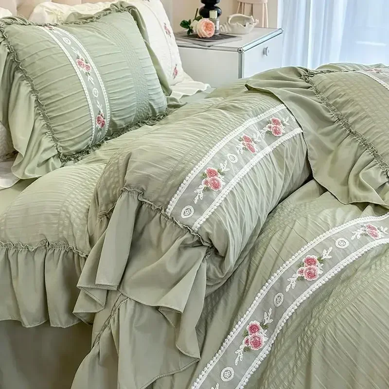 French Style Seersucker Washed Cotton Four Piece Set Princess Summer Lace Bed Sheets  Bedding  Women's Quilt Covers