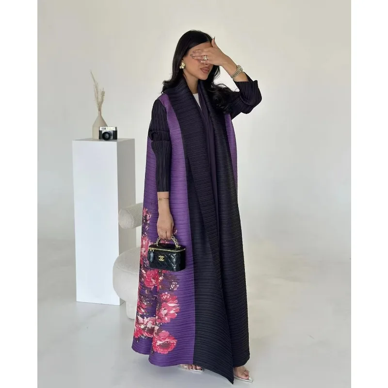 New Women's Long Trench Coat Abaya Shat Original Designer Printed Patchwork Folded Dress Robe 2024 Autumn