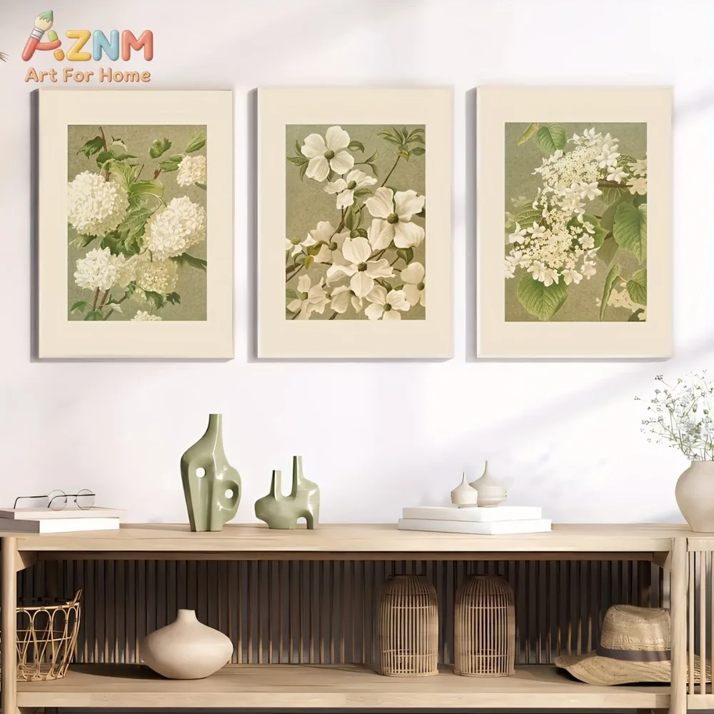 3PCS Vintage Botanical White Hydrangea & Dogwood Canvas Wall Art Prints Set, Neutral Green Background Floral Artwork Posters, No
