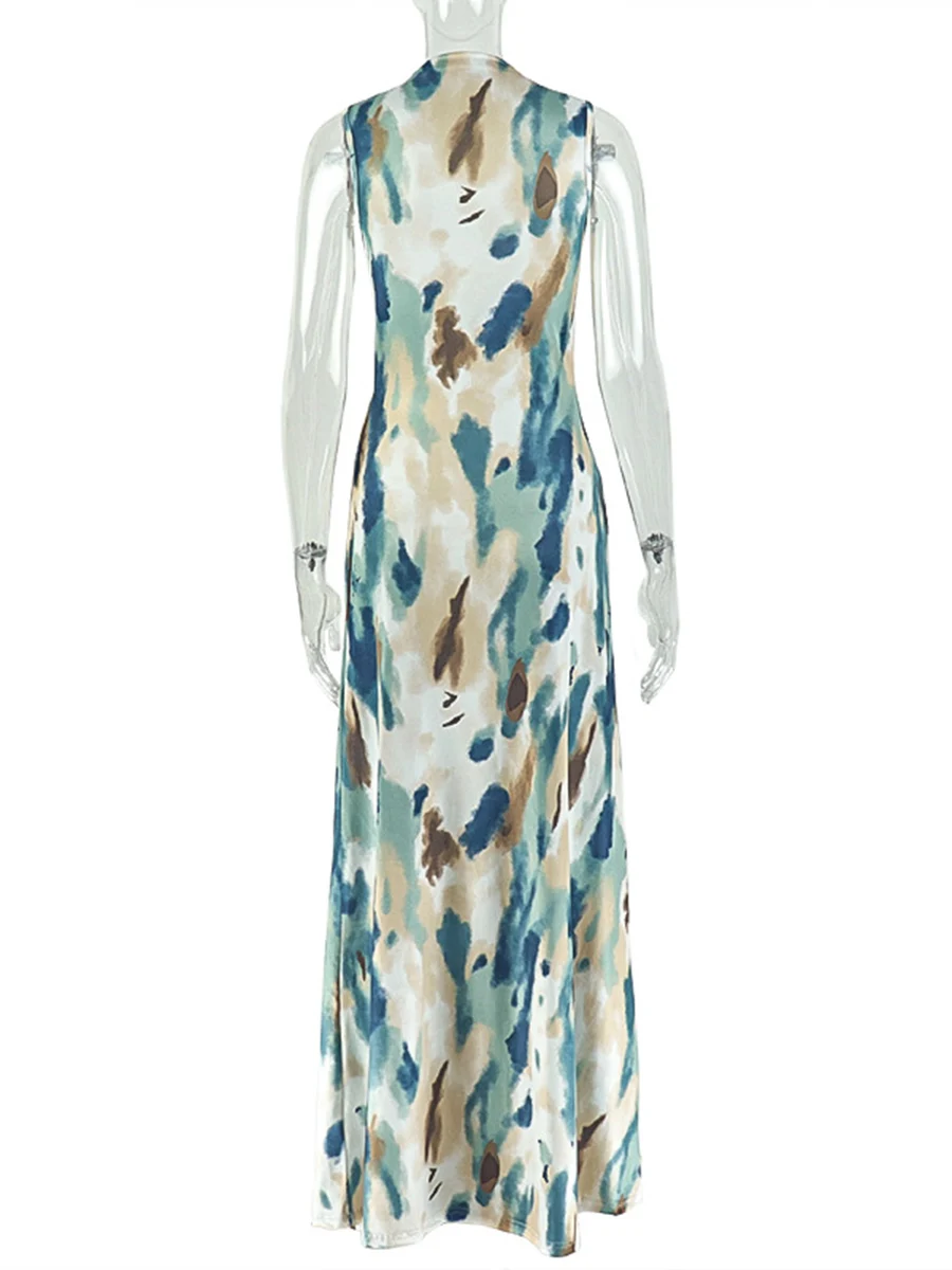 Ziml casual estilo praia impressão vestidos longos para mulheres em torno do pescoço sem mangas cintura alta emagrecimento dobras chique vestido feminino novo