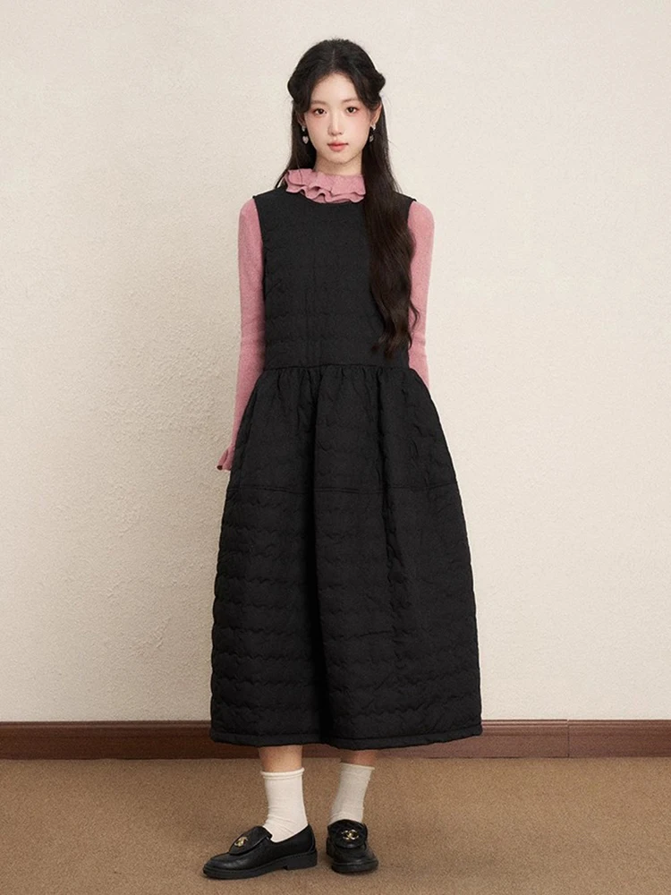REDDACHiC Vestido feminino acolchoado de algodão, camada sólida, casual, bolsos, sem mangas, midi, vestido longo, roupa coreana de outono