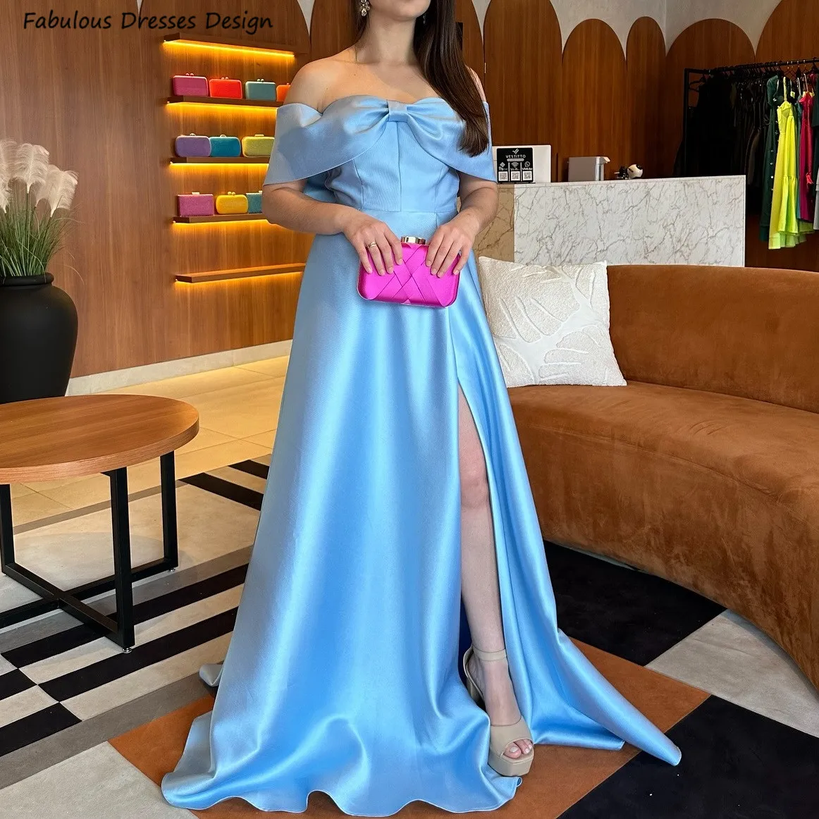 

Sky Blue Satin A-line Bridesmaid Dresses Long Bow Off Shoulder High Slit Wedding Party Dress Sweetheart Neck Prom Gown