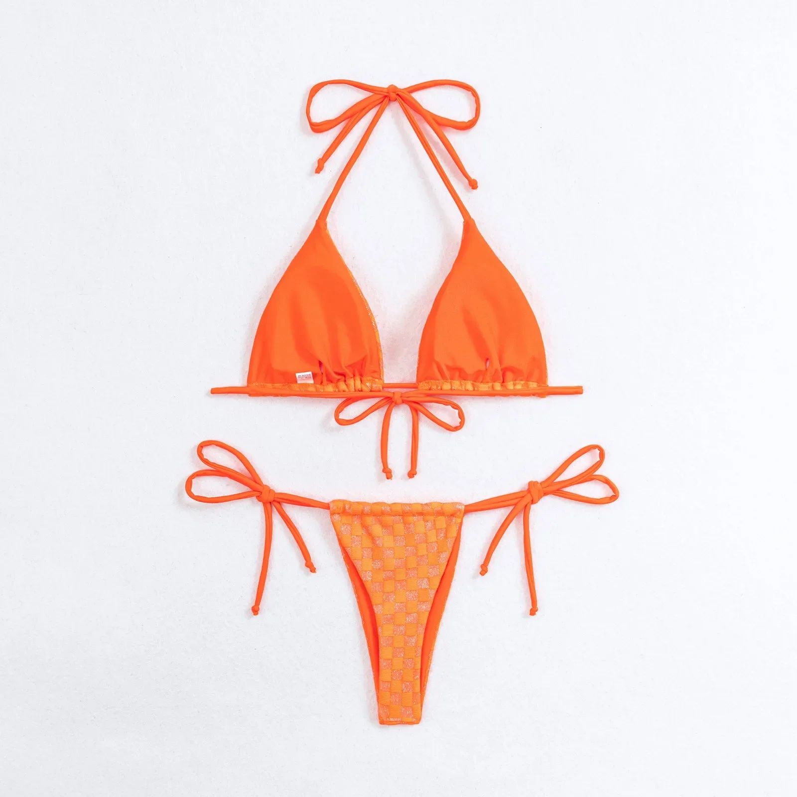 بيكيني نسائي صغير مطبوع برقبة معلقة ورباط جانبي وحزام منخفض الخصر بدون ظهر ملابس سباحة للعطلات مكونة من قطعتين