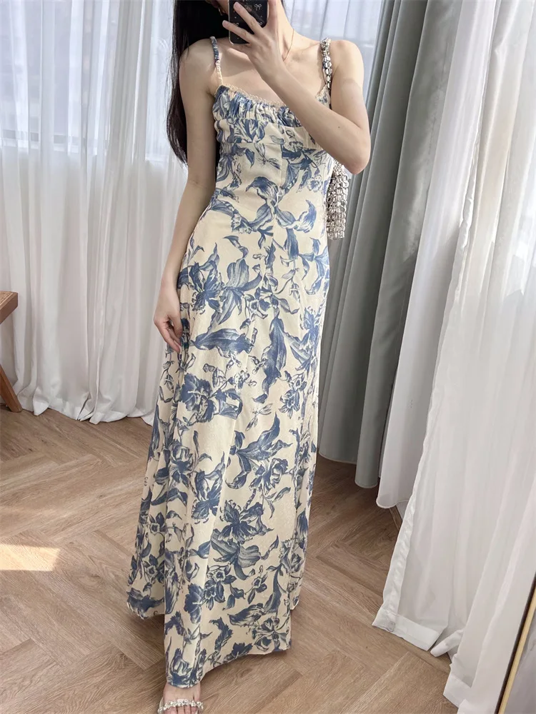 Women Lace-up Sling Robe Floral Printed Sleeveless Vintage Summer 2024 Long Dress