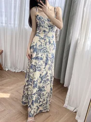 Women Lace-up Sling Robe Floral Printed Sleeveless Vintage Summer 2024 Long Dress