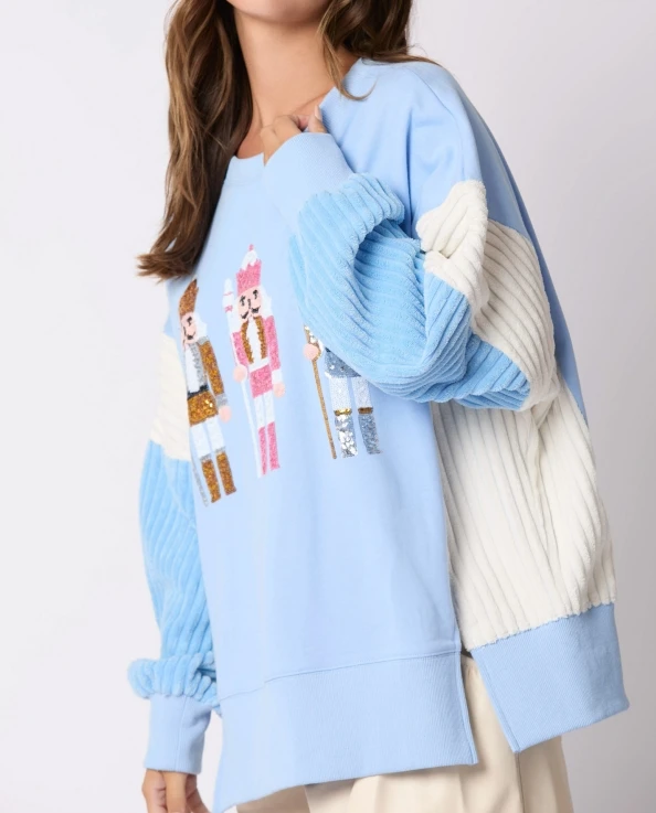 Women's Sweatshirt Christmas Soldier Sequin Print Top Versatile Corduroy Long Sleeved Patchwork Colorblock Loose Fit Tee Tops