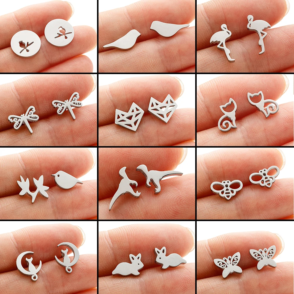 5 çift/grup paslanmaz çelik ay kedi düğme küpe kadın kızlar için küçük hayvan kuş küpe 2024 Trendy düğün hediye toptan