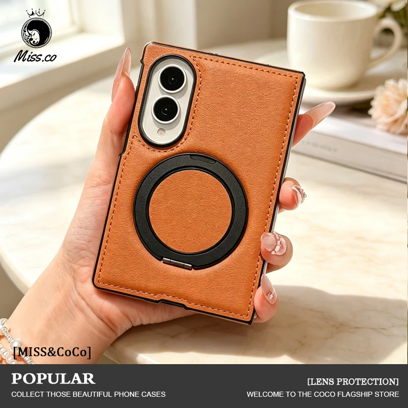 Funda con soporte giratorio de textura de cuero para Samsung Galaxy Z Fold 8 Wide 8Ultra 7 6 5 4 3, compatible con carga magnética