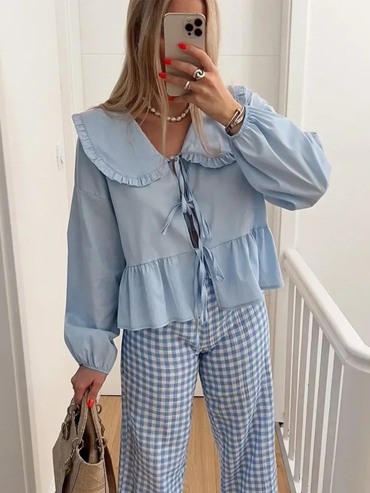 

Casual Women's White Shirt Blouses Doll Collar Lace Up Pleated Hollow Out Ruffled Hem Shirt Female 2024 New Long Sleeve Tops