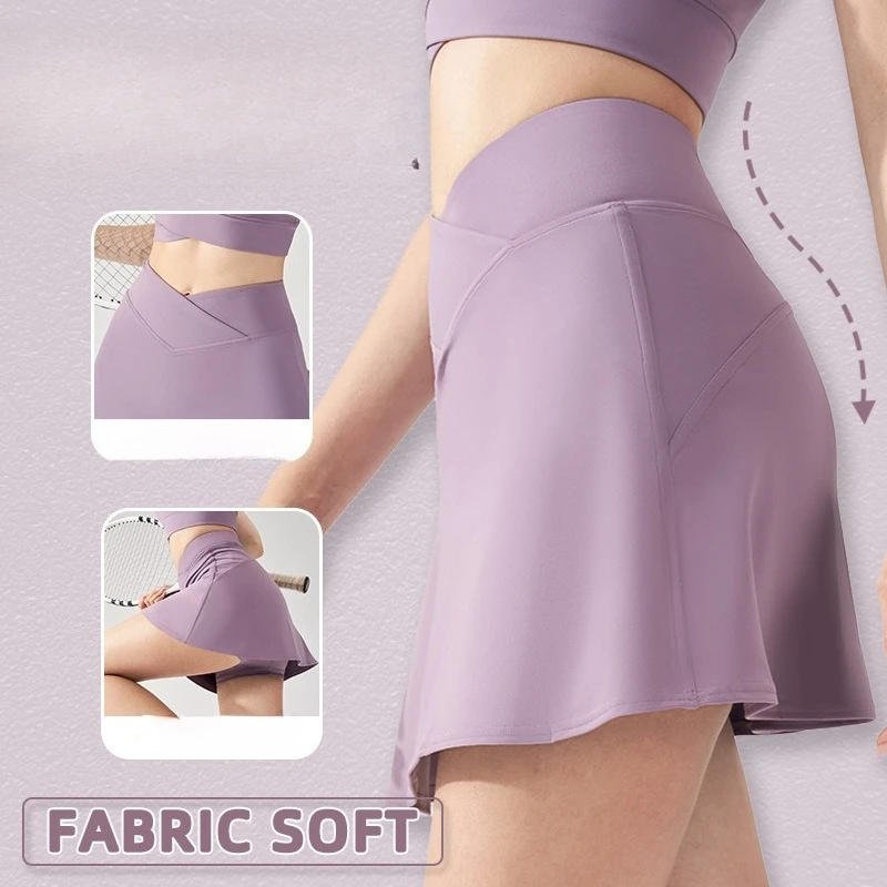 

1pc Women 2026 Summer Tennis Dress 2 in 1 Cross Waist Stretch Skort Inner Pocket Breathable For Yoga Sports Daily Wear