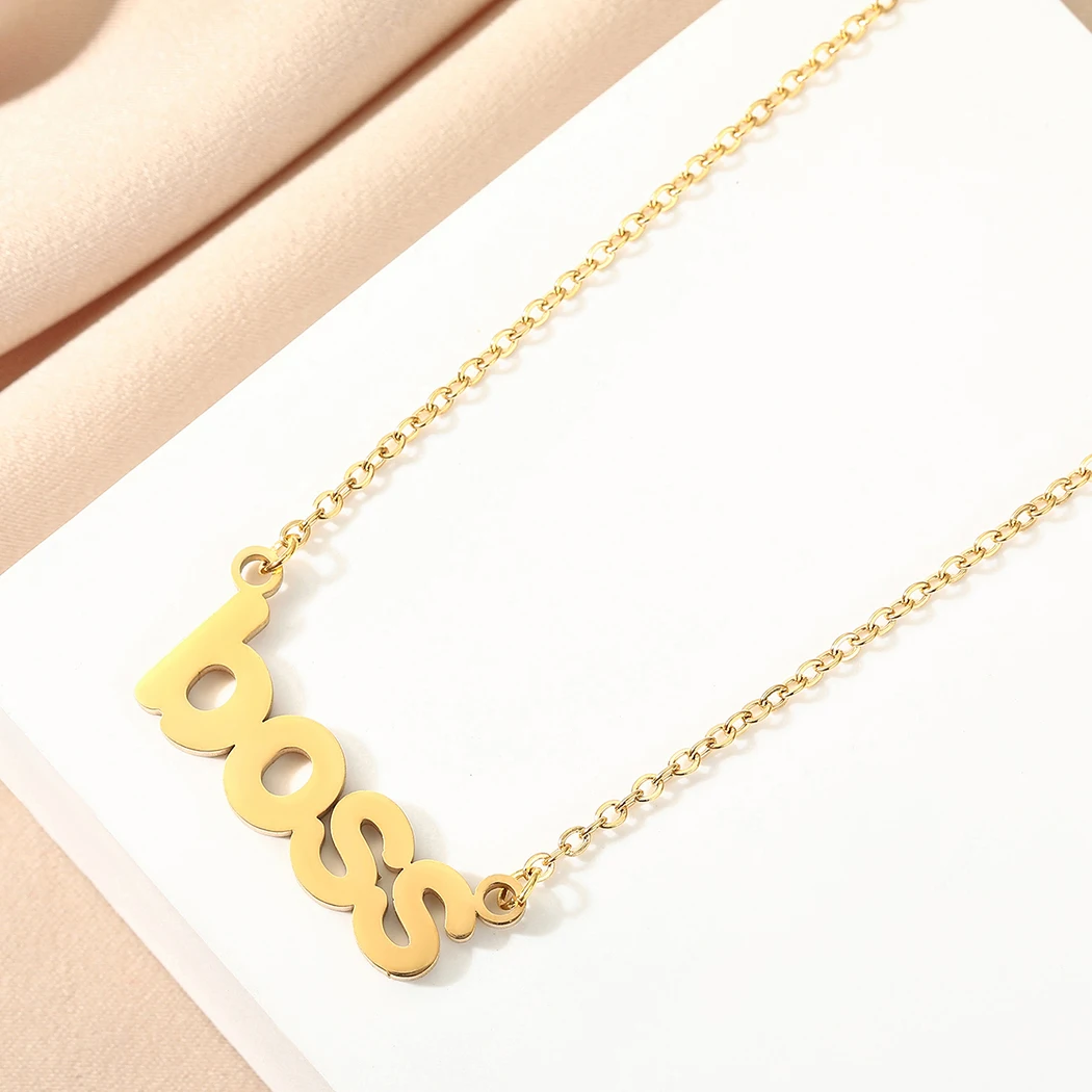 CHENGXUN Hollow Boss Pendant Necklace for Women Girls Stainless Steel English Words Charm Neck Chain BFF Jewelry Gift
