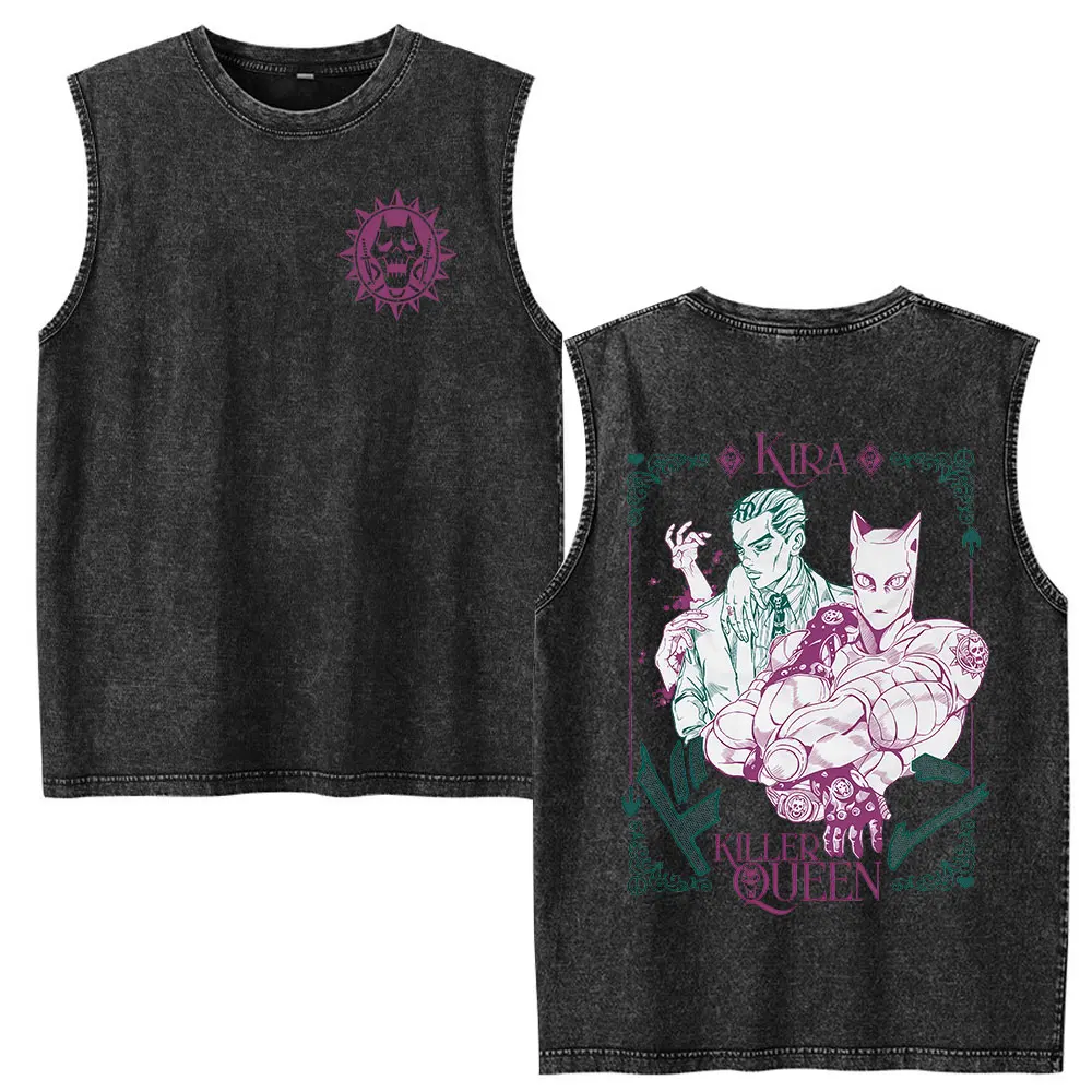 Anime Jojo Bizarre Adventure Kira Yoshikage Killer Queen Vintage Washed Tank Tops Men's Women Clothing Sleeveless Vest T-shirts view 2