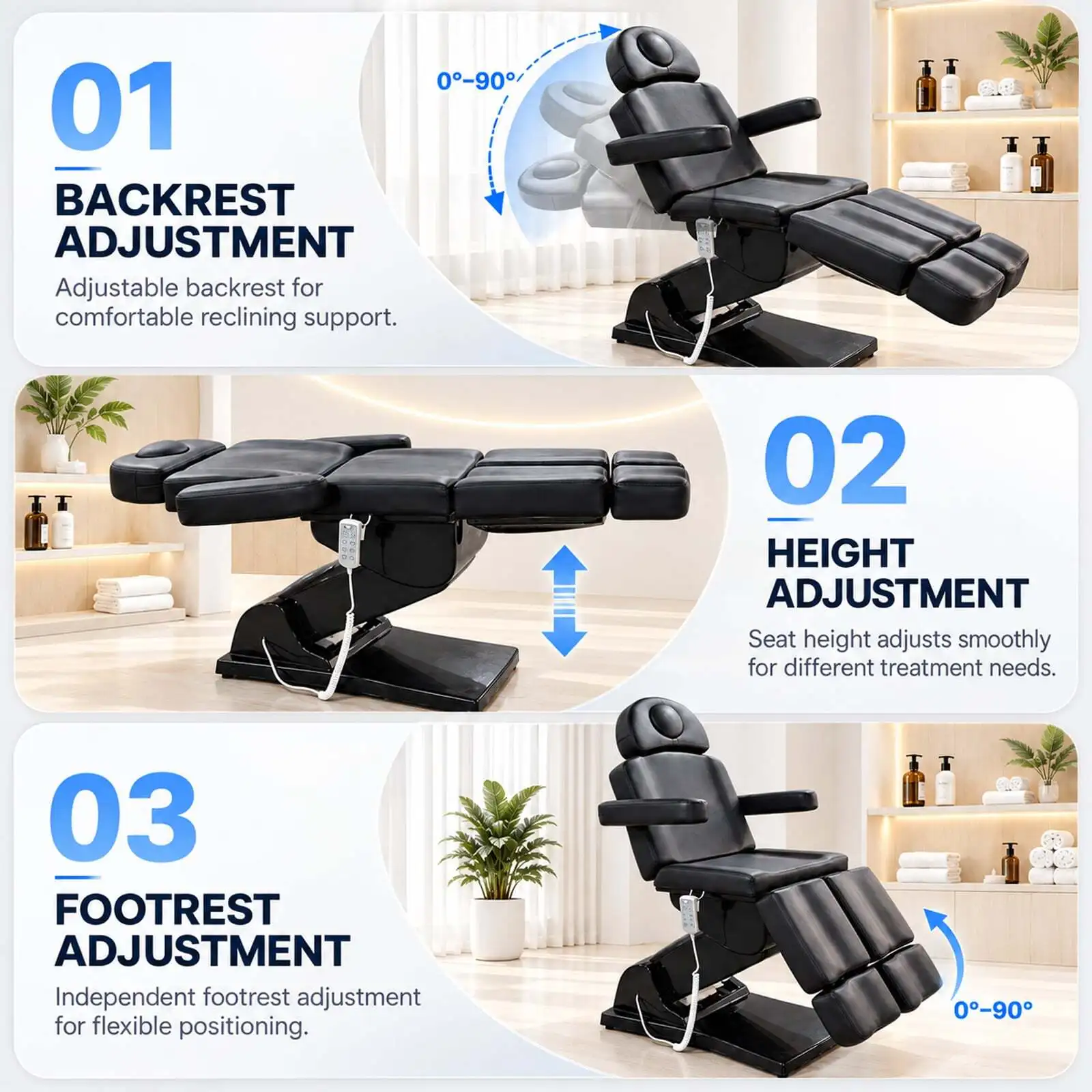 Professional Electric Tattoo Chair Adjustable Height Facial Bed Reclining Salon Beauty Table for Spa Massage Pedicure Black