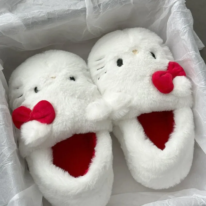 Fashion Sanrio Hello Kitty Plush Slipper Cartoon Kt Cat Warm Winter Indoor Slippers Flat Casual Non-Slip Girls Home Shoes Gift 