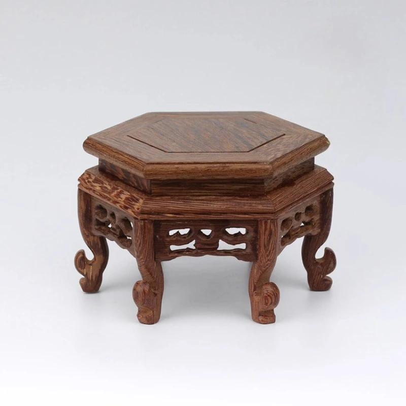 

Vintage Neo-Classical Carved Wooden Stand with Chicken Wing Design Hexagon Base for Jade Bonsai Living Room Or Study Decor