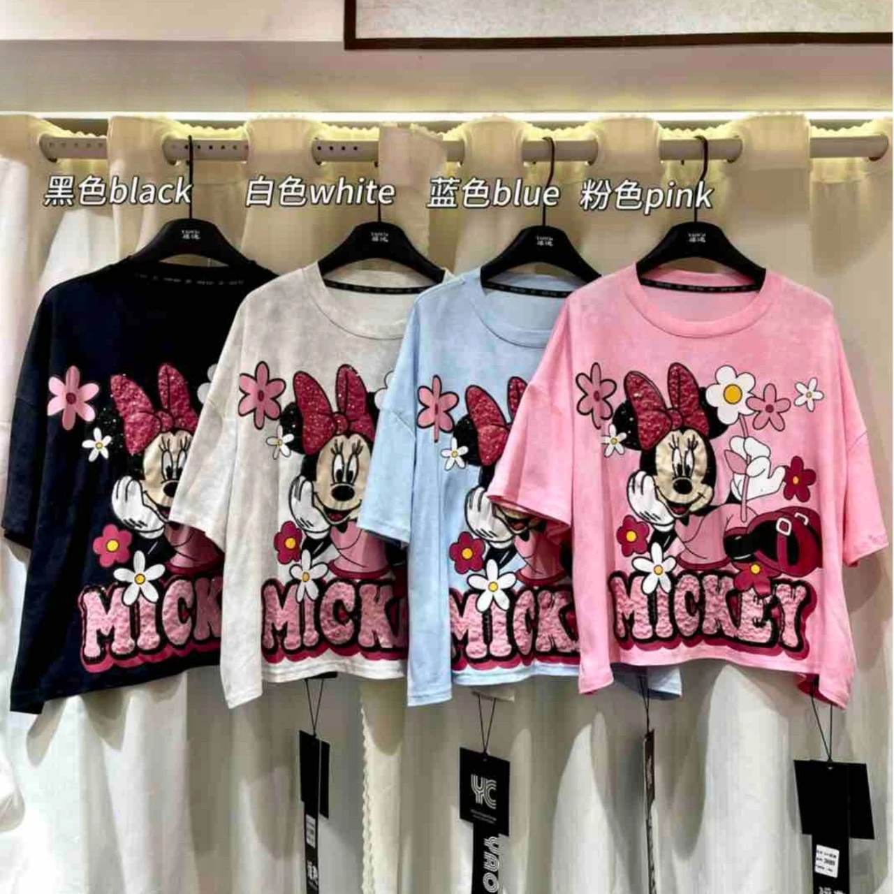 

Age Reduction Trendy All-match Students T-shirt Sequins Mickey Printed Round Neck Pullover Top New Spring Summer Cotton Tees